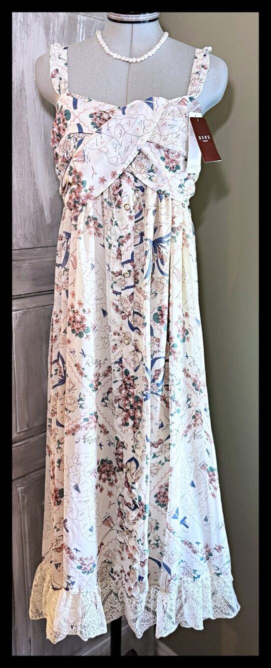Axes Femme Ocean Pattern Long Dress Chest Ribbon OP Jfashion Cottagecore Mermaid